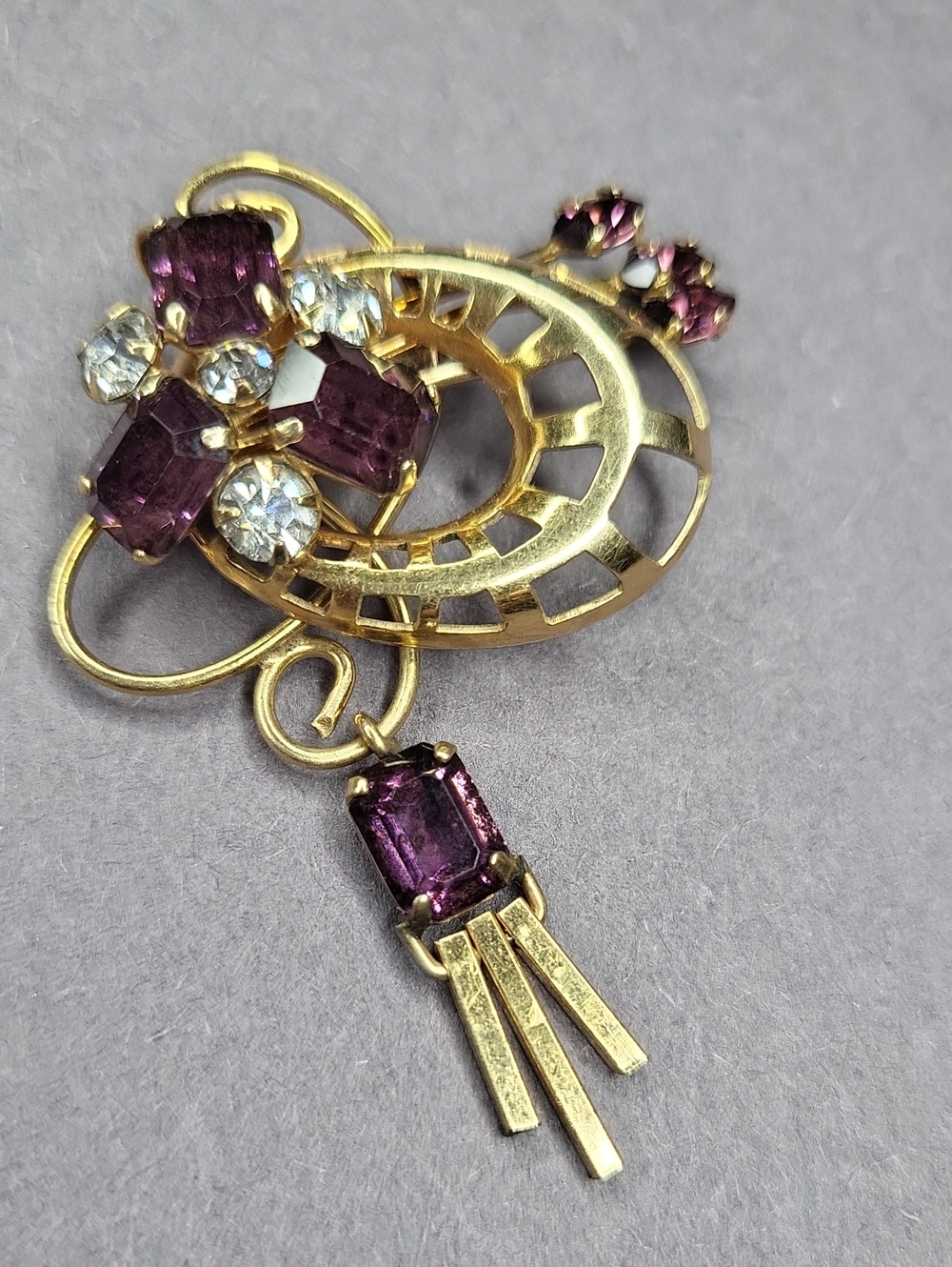 Gold-Tone Brooch with Purple and Clear Stones - Classic Women’s Accessory